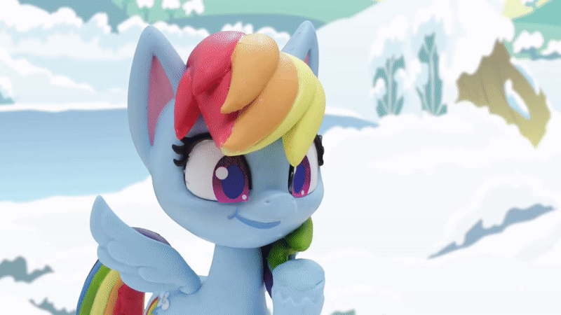 Size: 800x450 | Tagged: safe, screencap, character:rainbow dash, character:rarity, species:pegasus, species:pony, species:unicorn, g4.5, my little pony: stop motion short, my little pony:pony life, animated, crate, eyes closed, female, gif, looking at something, mane flip, outdoors, smiling, snow, snow pony, snow pony contest (short), snow sculpture, stop motion, surprised, trophy, wings