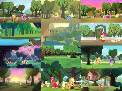 Size: 6000x4494 | Tagged: safe, screencap, character:apple bloom, character:applejack, character:big mcintosh, character:blues, character:cherry berry, character:cozy glow, character:granny smith, character:noteworthy, character:scootaloo, character:spike, character:sweetie belle, character:twilight sparkle, character:twilight sparkle (alicorn), character:twilight sparkle (unicorn), species:alicorn, species:dragon, species:earth pony, species:pegasus, species:pony, species:unicorn, episode:bats!, episode:brotherhooves social, episode:buckball season, episode:keep calm and flutter on, episode:marks for effort, episode:over a barrel, episode:p.p.o.v. (pony point of view), episode:the break up break down, episode:the cart before the ponies, episode:the super speedy cider squeezy 6000, episode:the ticket master, episode:yakity-sax, g4, my little pony: friendship is magic, apple, apple family, apple orchard, apple siblings, apple sisters, apple tree, appleloosa resident, art evolution, background pony, basket, beaver, bowling pin, brother and sister, clothing, clubhouse, collage, cowboy hat, crusaders clubhouse, cutie mark crusaders, dragons riding ponies, female, filly, foal, food, hat, male, mare, orchard, riding, siblings, sisters, stallion, sunset, sweet apple acres, tent, tree