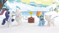 Size: 1280x720 | Tagged: safe, screencap, character:rainbow dash, character:rarity, species:pegasus, species:pony, species:unicorn, g4.5, my little pony: stop motion short, my little pony:pony life, competition, female, mare, snow, snow pony contest (short), trophy