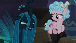 Size: 1920x1080 | Tagged: safe, screencap, character:cozy glow, character:queen chrysalis, species:changeling, species:pegasus, species:pony, episode:the summer sun setback, g4, my little pony: friendship is magic, barrel, changeling queen, cozy glow is not amused, duo, female, filly, flying, foal, narrowed eyes