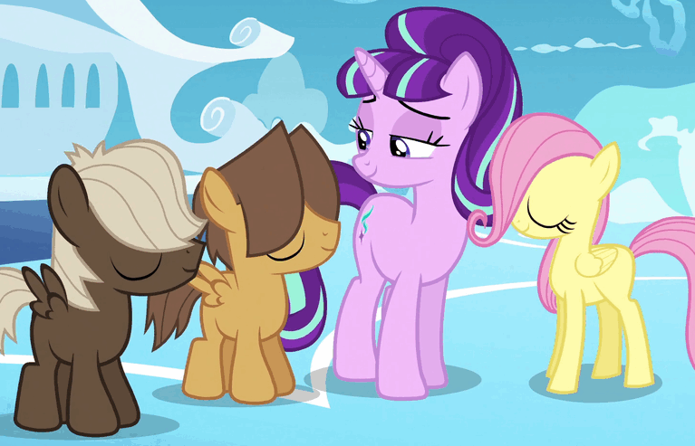 Size: 767x493 | Tagged: safe, screencap, character:dumbbell, character:fluttershy, character:hoops, character:starlight glimmer, species:pegasus, species:pony, species:unicorn, episode:the cutie re-mark, animated, cropped, female, filly, filly fluttershy, foal, loop, nodding, party soft, smiling, this will end in communism, younger
