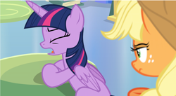 Size: 1280x700 | Tagged: safe, screencap, character:applejack, character:twilight sparkle, character:twilight sparkle (alicorn), species:alicorn, species:pony, episode:the ending of the end, g4, my little pony: friendship is magic, angry, eyes closed, table, upset