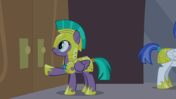 Size: 1920x1080 | Tagged: safe, screencap, character:queen chrysalis, character:vanguard cover, species:pegasus, species:pony, episode:the summer sun setback, g4, my little pony: friendship is magic, armor, disguise, disguised changeling, female, helmet, hoof shoes, mare, royal guard, royal guard armor, solo focus, tail wrap