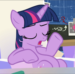 Size: 951x940 | Tagged: safe, screencap, character:twilight sparkle, character:twilight sparkle (alicorn), species:alicorn, species:pony, episode:sparkle's seven, g4, my little pony: friendship is magic, belly, cropped, eyes closed, open mouth, sitting, solo