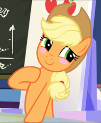 Size: 775x939 | Tagged: safe, screencap, character:applejack, species:earth pony, species:pony, episode:sparkle's seven, g4, my little pony: friendship is magic, blushing, cropped, cute, female, friendship throne, hoof on chest, jackabetes, mare, smiling, solo