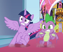 Size: 814x669 | Tagged: safe, screencap, character:spike, character:twilight sparkle, character:twilight sparkle (alicorn), species:alicorn, species:dragon, species:pony, episode:sparkle's seven, g4, my little pony: friendship is magic, cropped, duo, skidding, spread wings, winged spike, wings