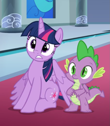 Size: 595x682 | Tagged: safe, screencap, character:spike, character:twilight sparkle, character:twilight sparkle (alicorn), species:alicorn, species:dragon, species:pony, episode:sparkle's seven, g4, my little pony: friendship is magic, cropped, duo, sitting, winged spike, wings