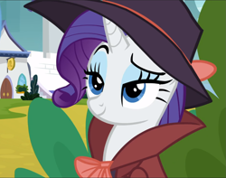 Size: 1193x939 | Tagged: safe, screencap, character:rarity, species:pony, species:unicorn, episode:sparkle's seven, g4, my little pony: friendship is magic, amused, beautiful, canterlot castle, clothing, cropped, cunning, detective rarity, devious, eyeshadow, female, hat, idea, lidded eyes, makeup, mare, raised eyebrow, sly, smiling, smirk, smug, solo