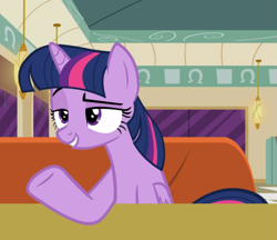 Size: 945x815 | Tagged: safe, screencap, character:twilight sparkle, character:twilight sparkle (alicorn), species:alicorn, species:pony, episode:the saddle row review, g4, my little pony: friendship is magic, cropped, diner, raised eyebrow, sitting, smiling, smug, smuglight sparkle, solo