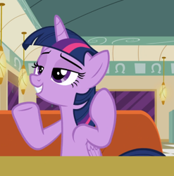 Size: 856x866 | Tagged: safe, screencap, character:twilight sparkle, character:twilight sparkle (alicorn), species:alicorn, species:pony, episode:the saddle row review, g4, my little pony: friendship is magic, cropped, diner, lidded eyes, sitting, smiling, solo