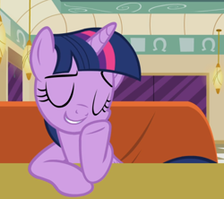 Size: 816x726 | Tagged: safe, screencap, character:twilight sparkle, character:twilight sparkle (alicorn), species:alicorn, species:pony, episode:the saddle row review, g4, my little pony: friendship is magic, cropped, diner, eyes closed, hoof on cheek, sitting, smiling, smuglight sparkle, solo