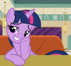 Size: 808x759 | Tagged: safe, screencap, character:twilight sparkle, character:twilight sparkle (alicorn), species:alicorn, species:pony, episode:the saddle row review, g4, my little pony: friendship is magic, cropped, diner, hoof on cheek, sitting, smiling, smug, smuglight sparkle, solo