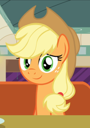 Size: 602x857 | Tagged: safe, screencap, character:applejack, episode:the saddle row review, g4, my little pony: friendship is magic, cropped, cute, diner, jackabetes, looking at you, smiling, solo