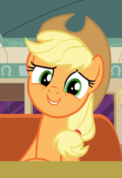 Size: 583x851 | Tagged: safe, screencap, character:applejack, species:earth pony, species:pony, episode:the saddle row review, g4, my little pony: friendship is magic, cropped, cute, diner, jackabetes, looking at you, smiling, solo