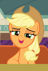 Size: 578x855 | Tagged: safe, screencap, character:applejack, episode:the saddle row review, g4, my little pony: friendship is magic, cropped, diner, lidded eyes, looking at you, open mouth, smug, smugjack, solo