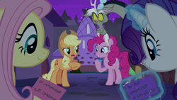 Size: 1920x1080 | Tagged: safe, screencap, character:applejack, character:discord, character:fluttershy, character:pinkie pie, character:rarity, species:draconequus, species:earth pony, species:pony, species:unicorn, episode:the summer sun setback, g4, my little pony: friendship is magic, female, magic, magic aura, male, mare, telekinesis, written equestrian