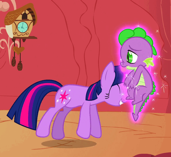 Size: 587x540 | Tagged: safe, screencap, character:spike, character:twilight sparkle, character:twilight sparkle (unicorn), species:dragon, species:pony, species:unicorn, episode:the return of harmony, g4, my little pony: friendship is magic, animated, cropped, cute, dizzy, female, happy, jumping, levitation, magic, male, mare, telekinesis, twiabetes