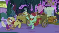 Size: 1920x1080 | Tagged: safe, screencap, character:candy apples, character:pinkie pie, episode:the summer sun setback, g4, my little pony: friendship is magic, apple family member, cart, food, pie