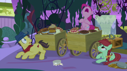 Size: 1920x1080 | Tagged: safe, screencap, character:candy apples, character:pinkie pie, episode:the summer sun setback, g4, my little pony: friendship is magic, apple family member, cart, food, pie