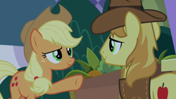 Size: 1920x1080 | Tagged: safe, screencap, character:applejack, character:braeburn, species:earth pony, species:pony, episode:the summer sun setback, g4, my little pony: friendship is magic, applejack's hat, bush, canterlot, clothing, cowboy hat, cute, determined, freckles, grin, hat, jackabetes, pointing, smiling, underhoof, vest