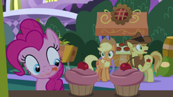 Size: 1920x1080 | Tagged: safe, screencap, character:applejack, character:braeburn, character:pinkie pie, species:earth pony, species:pony, episode:the summer sun setback, g4, my little pony: friendship is magic, applejack's hat, barrel, blep, canterlot, cherry, clothing, cowboy hat, cupcake, cute, diapinkes, food, hat, looking at something, messy, night, open mouth, pie, raised hoof, stand, this will end in weight gain, tongue out, under hoof