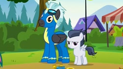 Size: 1280x720 | Tagged: safe, screencap, character:rumble, character:thunderlane, species:pegasus, species:pony, episode:marks and recreation, g4, my little pony: friendship is magic, brothers, clothing, colt, goggles, male, siblings, stallion, uniform, wonderbolt trainee uniform, wonderbolts, wonderbolts uniform