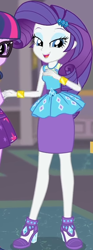 Size: 330x888 | Tagged: safe, screencap, character:rarity, character:twilight sparkle, episode:school of rock, g4, my little pony:equestria girls, clothing, cropped, cute, dress, female, field trip, geode of shielding, gold, hairclip, high heels, jewelry, lidded eyes, looking down, magical geodes, museum, raribetes, shoes, skirt, sleeveless, smiling, waistband, wrist cuffs