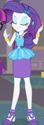 Size: 318x907 | Tagged: safe, screencap, character:rarity, character:twilight sparkle, episode:school of rock, g4, my little pony:equestria girls, clothing, cropped, cute, dress, eyes closed, female, field trip, geode of shielding, gold, hairclip, high heels, jewelry, magical geodes, museum, raribetes, shoes, skirt, sleeveless, smiling, waistband, wrist cuffs