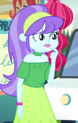Size: 588x923 | Tagged: safe, screencap, character:aqua blossom, equestria girls:sunset's backstage pass, g4, my little pony:equestria girls, bare shoulders, cropped, cute, female, food truck, outdoors, solo focus, wristband