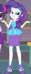 Size: 381x912 | Tagged: safe, screencap, character:rarity, character:twilight sparkle, character:twilight sparkle (scitwi), species:eqg human, episode:school of rock, g4, my little pony:equestria girls, clothing, cropped, cute, dress, female, field trip, geode of shielding, gold, hairclip, high heels, jewelry, lidded eyes, looking down, magical geodes, museum, raribetes, shoes, skirt, smiling, waistband, wrist cuffs