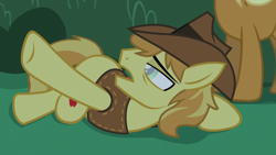 Size: 1920x1080 | Tagged: safe, screencap, character:apple cobbler, character:braeburn, species:earth pony, species:pony, episode:the summer sun setback, g4, my little pony: friendship is magic, apple family member, bush, canterlot, clothing, cowboy hat, female, hat, helpless, implied tirek, looking at someone, male, offscreen character, prone, underhoof, vest
