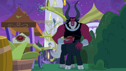 Size: 1920x1080 | Tagged: safe, screencap, character:lord tirek, species:centaur, episode:the summer sun setback, g4, my little pony: friendship is magic, cloven hooves, colored hooves, dessert, food, male, nose piercing, nose ring, pie, piercing, pure unfiltered evil, solo