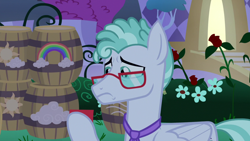 Size: 1920x1080 | Tagged: safe, screencap, character:feather flatterfly, episode:the summer sun setback, g4, my little pony: friendship is magic, barrel, bush, canterlot, card, flower, folded wings, glasses, hoof hold, male, necktie, rose, solo, wings