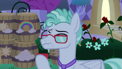 Size: 1920x1080 | Tagged: safe, screencap, character:feather flatterfly, species:pegasus, species:pony, episode:the summer sun setback, g4, my little pony: friendship is magic, barrel, bush, canterlot, eyes closed, flower, folded wings, glasses, hoof hold, male, necktie, night, rose, solo, wavy mouth, wings