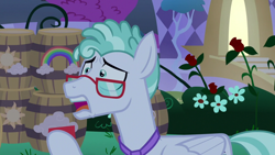 Size: 1920x1080 | Tagged: safe, screencap, character:feather flatterfly, species:pegasus, species:pony, episode:the summer sun setback, g4, my little pony: friendship is magic, anxious, barrel, bush, canterlot, card, flower, folded wings, glasses, hoof hold, looking at someone, male, necktie, night, open mouth, rose, solo, wings