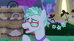 Size: 1920x1080 | Tagged: safe, screencap, character:feather flatterfly, species:pegasus, species:pony, episode:the summer sun setback, g4, my little pony: friendship is magic, anxious, barrel, bush, canterlot, flower, glasses, looking at someone, male, necktie, open mouth, pegasis, rose, scared, solo