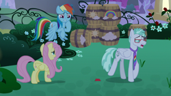 Size: 1920x1080 | Tagged: safe, screencap, character:feather flatterfly, character:fluttershy, character:rainbow dash, episode:the summer sun setback, g4, my little pony: friendship is magic, barrel, flower, rose