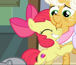 Size: 730x631 | Tagged: safe, screencap, character:apple bloom, character:goldie delicious, episode:going to seed, g4, my little pony: friendship is magic, adorabloom, cropped, cute, hug, smiling, solo focus