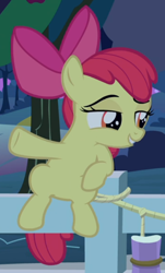 Size: 456x753 | Tagged: safe, screencap, character:apple bloom, episode:going to seed, g4, my little pony: friendship is magic, cropped, fence, sitting, smug, solo