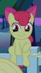 Size: 380x665 | Tagged: safe, screencap, character:apple bloom, episode:going to seed, g4, my little pony: friendship is magic, adorabloom, cropped, cute, fence, sitting, smiling, solo