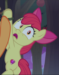Size: 743x941 | Tagged: safe, screencap, character:apple bloom, episode:going to seed, g4, my little pony: friendship is magic, cropped, open mouth, solo, tied up