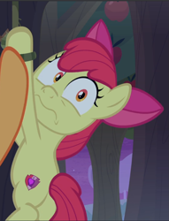 Size: 721x943 | Tagged: safe, screencap, character:apple bloom, episode:going to seed, g4, my little pony: friendship is magic, cropped, scared, solo, tied up, wavy mouth