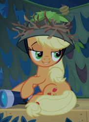 Size: 372x512 | Tagged: safe, screencap, character:applejack, episode:going to seed, g4, my little pony: friendship is magic, binoculars, clothing, cropped, hat, lidded eyes, smiling, solo