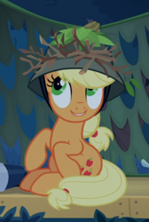 Size: 373x556 | Tagged: safe, screencap, character:applejack, episode:going to seed, g4, my little pony: friendship is magic, clothing, cropped, hat, sitting, smiling, solo