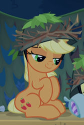 Size: 426x639 | Tagged: safe, screencap, character:applejack, episode:going to seed, g4, my little pony: friendship is magic, clothing, cropped, cute, hat, jackabetes, lidded eyes, sitting, smiling, smug, solo