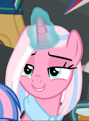 Size: 692x939 | Tagged: safe, screencap, character:clear sky, episode:common ground, g4, my little pony: friendship is magic, cropped, glowing horn, horn, lidded eyes, smiling, solo