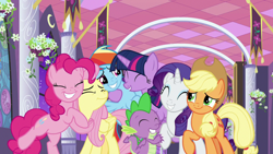 Size: 1920x1080 | Tagged: safe, screencap, character:applejack, character:fluttershy, character:pinkie pie, character:rainbow dash, character:rarity, character:spike, character:twilight sparkle, character:twilight sparkle (alicorn), species:alicorn, species:dragon, species:pony, episode:the summer sun setback, g4, my little pony: friendship is magic, cute, group hug, hug, mane seven, mane six, smiling, winged spike