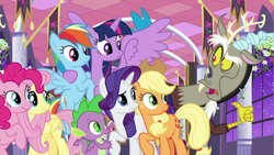 Size: 1920x1080 | Tagged: safe, screencap, character:applejack, character:discord, character:fluttershy, character:pinkie pie, character:rainbow dash, character:rarity, character:spike, character:twilight sparkle, character:twilight sparkle (alicorn), species:alicorn, species:draconequus, species:dragon, species:pegasus, species:pony, species:unicorn, episode:the summer sun setback, g4, my little pony: friendship is magic, applejack's hat, arm around neck, baby dragon, canterlot castle, clothing, cowboy hat, discord is not amused, female, flying, folded wings, freckles, frown, hair flip, hat, male, mane seven, mane six, mare, multicolored hair, pointing at self, raised eyebrow, raised hoof, smiling, snaggletooth, stetson, talons, tied tail, unamused, wall of tags, winged spike