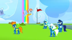 Size: 1280x720 | Tagged: safe, screencap, character:fleetfoot, character:misty fly, character:soarin', character:spitfire, character:windy whistles, species:pegasus, species:pony, episode:parental glideance, g4, my little pony: friendship is magic, flag, rainbow waterfall