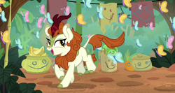 Size: 1800x955 | Tagged: safe, screencap, character:autumn blaze, species:kirin, episode:sounds of silence, g4, my little pony: friendship is magic, a kirin tale, awwtumn blaze, banana, butterfly, cheerful, cloven hooves, curved horn, cute, female, food, horn, imaginary friend, lalala, looking back, running, singing, smiley face, solo